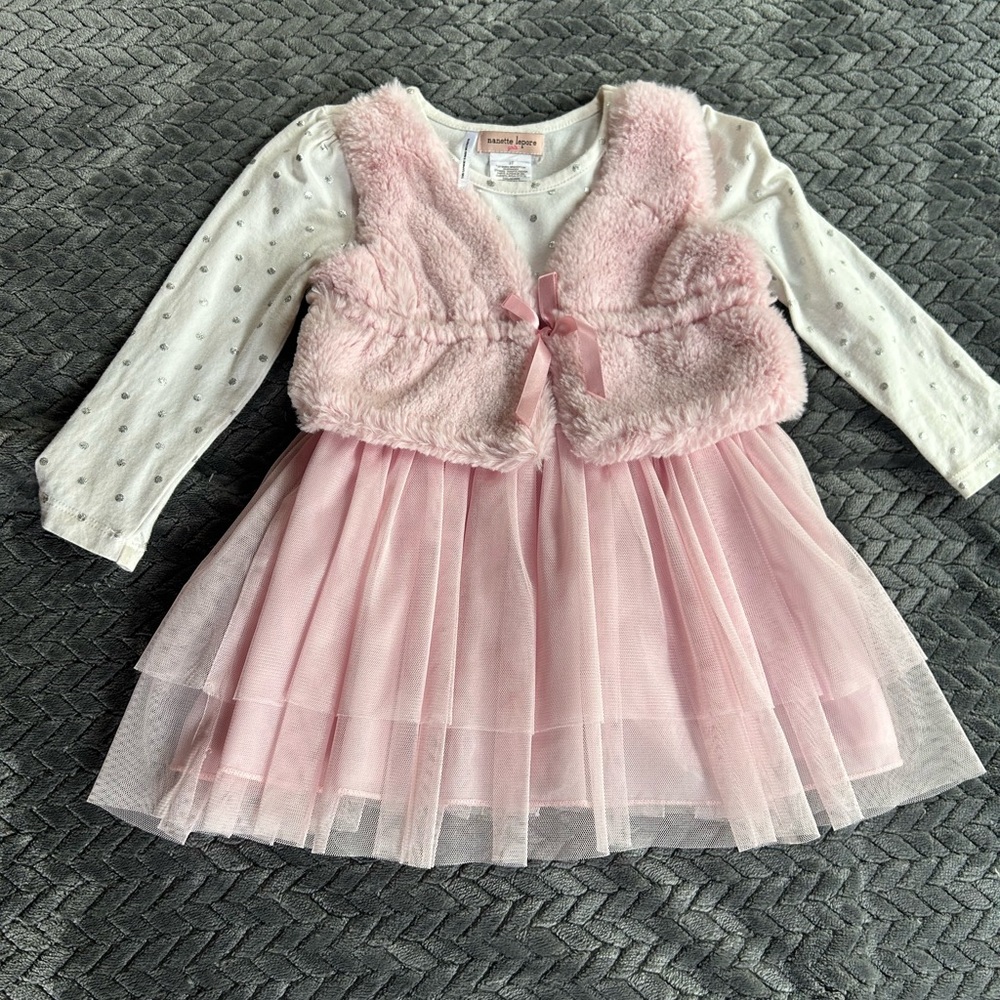 Nanette Lepore Pink Tulle Dress with Faux Fur Vest